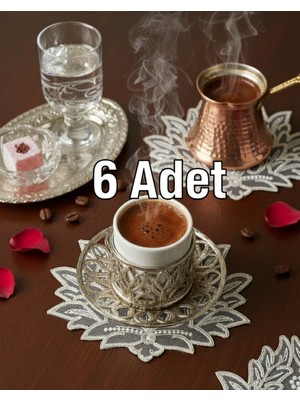 PremiumPort Gümüş Fransız Dantelli Çınar Dekoratif Kahve Sunum Peçetesi 6'lı