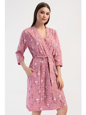 Vienetta Kadın Kapri Kol Kuşaklı Desenli Pembe Sabahlık C7T3N2804