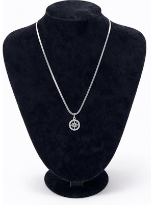 Pangu Gümüş Renk Taşlı Pusula Figürlü Çelik Kolye