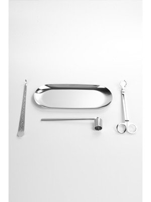 PremiumPort Şık 4 Parça Metalik Gri Mum Bakım ve Söndürme Seti