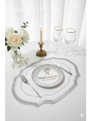 PremiumPort 6'lı Simli Nakışlı Keten Amerikan Servisi, Şık ve Zarif Dekorasyon Için