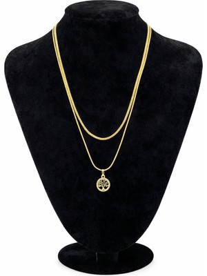 Pangu Hayat Ağacı Figürlü Altın Renk Çift Zincir Çelik Kolye