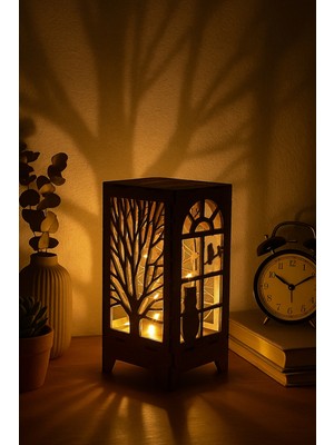 PremiumPort Mini Ahşap Lamba, Lazer Kesim Tasarım, Pilli Peri LED Masa Süsü