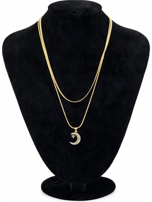 Pangu Ay Figürlü Altın Renk Çift Zincir Çelik Kolye