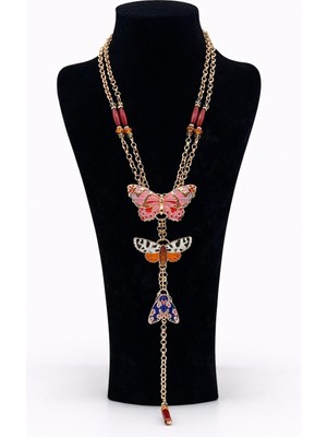 Pangu Mineli Kelebek Figürlü Altın Renk Uzun Kolye