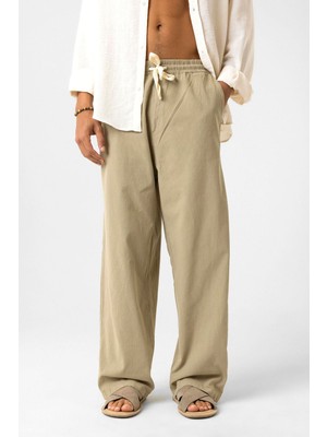 Vamos Bel Lastikli Baggy Fit Keten Pantolon Haki