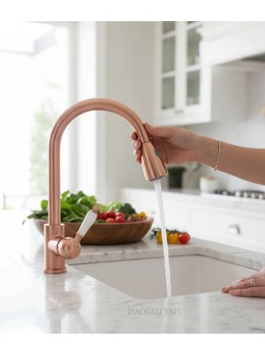 İsaoğlu Yapı Bakır Spiralli Retro Mutfak Bataryası Porsalenli Uzayan Sistem Taziik ve Basınç Ayarlı Rose Bronz