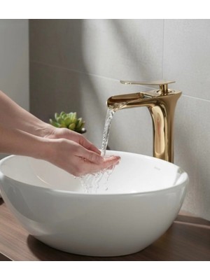 İsaoğlu Yapı Gold Çanak Lavabo Bataryası Yüksek Model Çanak Uyumlu Şelale Akış Armatür Gold Renk