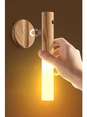 PremiumPort Şarjlı LED Duvar Aplik, Ahşap Renk, Kablosuz, Sensörlü, Harekete Duyarlı