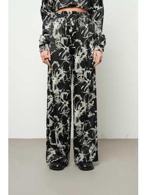 Orfeonegro Kadın Monokrom Soyut Desenli Esnek Siyah Palazzo Pantolon