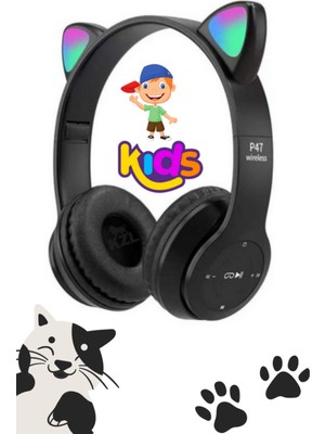 Angelphoto  P47M Bluetooth Kedi Kulaklık Katlanabilir Sd Kart Girişli Mikrofonlu Kablosuz LED Işıklı Kulaklık