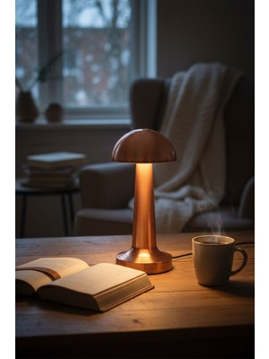 Rose Gold Mantar Masa Lambası - Şarjlı Kablosuz Dokunmatik LED Gece Lambası