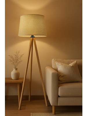 PremiumPort El Işçiliği Doğal Hasır Krem Ahşap Lambader, Şık ve Kullanışlı Dekorasyon