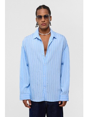 Vamos Oversize Çizgili Uzun Kol Gömlek Mavi