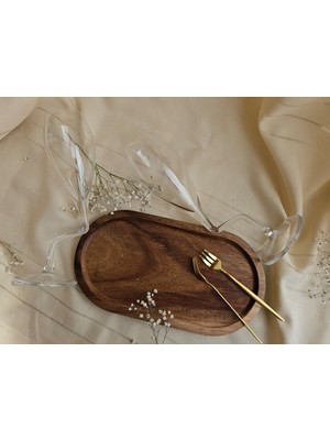 Karma Modern Sunum & Kadeh Seti | Paşabahçe Eğik Ayaklı 2’li Kadeh, Ahşap Sunum Tabağı ve Mini Çatal Seti