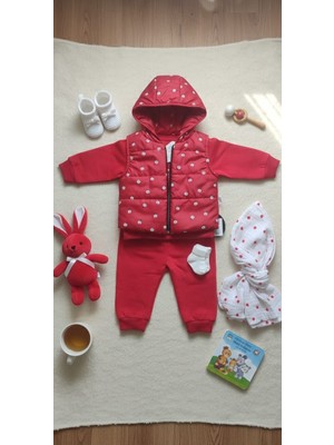 Kız Bebek Pofuduk Yelekli Eşofman Takımı-3'lü Bebek Seti - Kırmızı