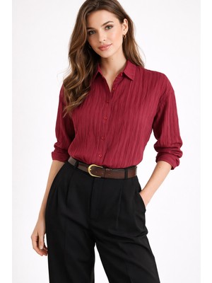 Kadın Bordo Dokulu Kumaş Önü Düğmeli Hafif Transparan -Şık - Nuevo