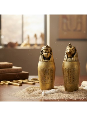 Antik Mısır 2'li Küp Seti - Firavun Horus Küp Dekorasyon Biblo Altın Renk