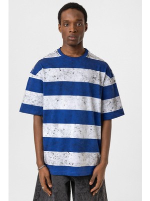 Vamos Yıkamalı Şeritli Oversize Tişört Mavi - Beyaz