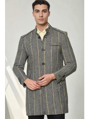Dewberry Erkek Palto Ekose Gri %70 Yün %30 Polyester Orta Kalınlık Uzun Kol PLT9391