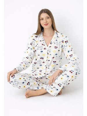 CharMe Noveya Ayıcık Desenli Ekru Kadın Pijama Takımı – Uzun Kollu, Düğmeli, Ev Giyimi