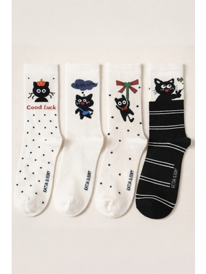 Kadın 4'lü Karışık Kedi Desenli Soket Çorap