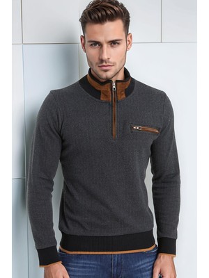 9039 Dewberry Erkek Sweatshırt-Desenli Antrasit