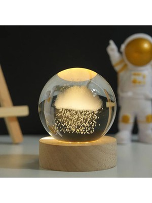 PremiumPort Şık Dekoratif Cam Küre Gece Lambası, Ahşap Altlıklı, USB Bağlantılı