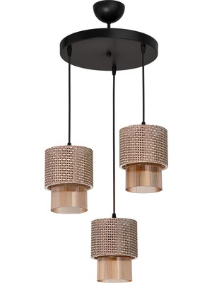 PremiumPort Şık Siyah Hasır Üçlü Avize, Bal Optik Cam Detaylı, Modern Aydınlatma