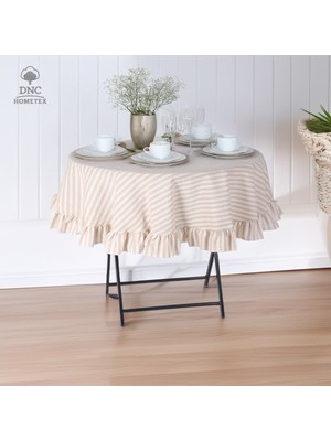 DNC Hometex Keten Çizgili Sütlü Kahve Fırfırlı Masa Örtüsü