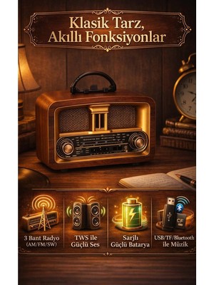 FaroxTech Klasik Ahşap Görünümlü 3 Bant Radyo (Am/fm/sw) - Şarj Edilebilir Bluetooth Müzik Kutusu