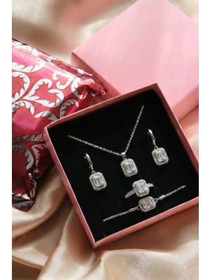Aurrari Silver Baget Taşlı Kolye Küpe Bileklik Yüzük Seti Sevgililer Günü