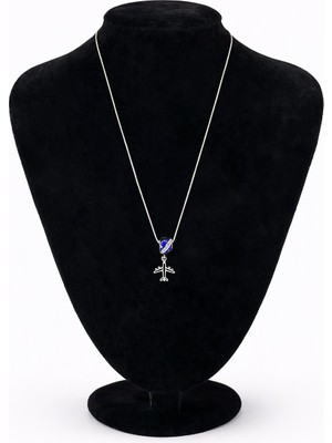 Pangu Mavi Mineli Küre ve Uçak Figürlü Gümüş Renk Çelik Zincir Kolye