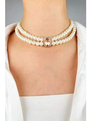 Sose Moda Kristal Uçlu Inci Choker Kolye - Turuncu