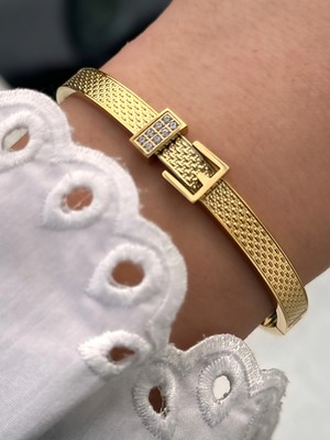 Ferro Sarı Çelik Kelepçe Kordon Kristal Taşlı Kadın Bileklik FRJW10016A-B 2 Yıl Garantili Hediye Paketli