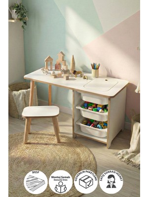 Bofigo Çocuk Çalışma Masası Oyun Masası Etkinlik Masası Aktivite Masası Seti 1 Masa + 1 Tabure Beyaz