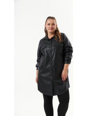 Rmg Büyük Beden Deri Gömlek Tunik Siyah