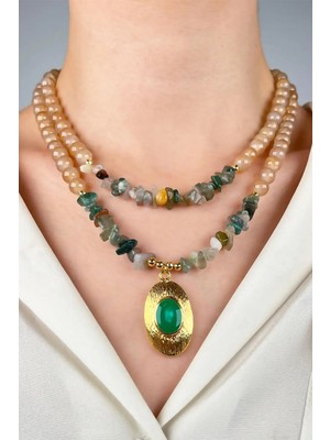 Sose Moda Altın Kaplamalı Uçlu Çift Sıra Doğal Taş ve Boncuk Kolye - Yeşil