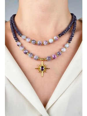 Sose Moda Kuzey Yıldızı Uçlu Kristal ve Cam Boncuk Kolye - Mor