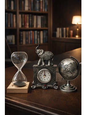 Kesene 3'lü Ev Ofis Biblo Seti Eskitme Gümüş Fil Masa Saati & Metal Dünya Küre & Kum Saati Dekoratif Hediye
