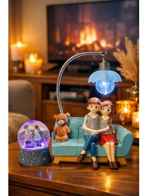 Home Dekor Hediye Sevgiliye 2'li Biblo Seti Romantik Çift Temalı Masa Lambası ve Işıklı Kar Küresi Gece Lambası Mavi