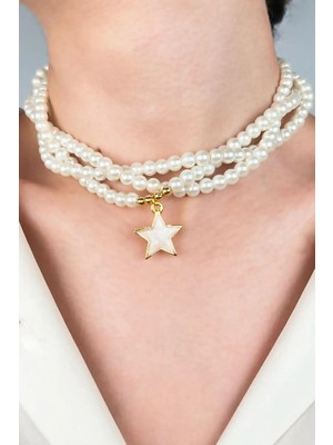 Sose Moda Beyaz Mineli Yıldız Uçlu Sarmal Incili Kolye - Beyaz