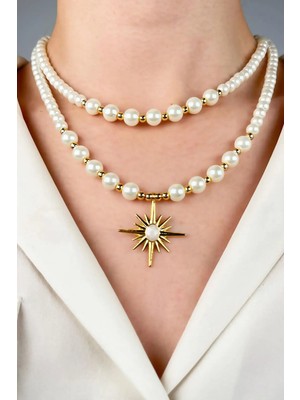 Sose Moda Kuzey Yıldızı Uçlu Çift Sıra Incili Kolye - Beyaz