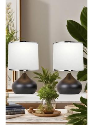 PremiumPort Iki Adet Metal Gövde Kumaş Başlıklı Masa Abajur, Modern Tasarım