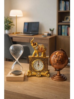 Home Dekor Hediye 3'lü Dekoratif Ev Ofis Biblo Seti Eskitme Gold Fil Masa Saati Bronz Metal Dünya Küre Kum Saati Seti