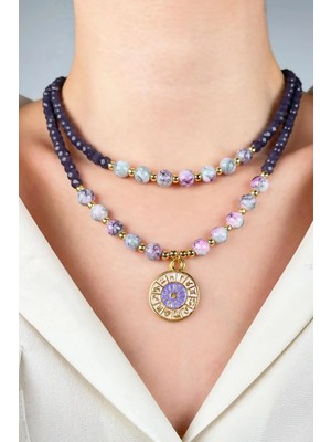 Sose Moda Burç Madalyon Uçlu Kristal ve Cam Boncuk Kolye - Mor