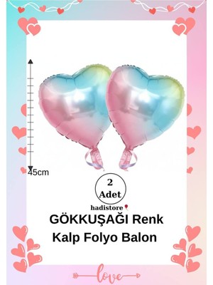 Kalpli Folyo Balon 2 Adet Gökkuşağı 45CM (18'') Kalp Balon Helyum Uyumlu Doğum Günü-Özel Gün Balonu