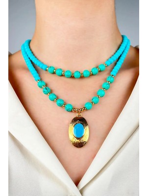Sose Moda Altın Kaplamalı Uçlu Çift Sıra Boncuk Kolye - Turkuaz