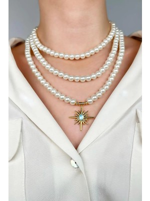 Sose Moda Turkuaz Mineli Kuzey Yıldızı Uçlu Üçlü Inci Kolye - Beyaz