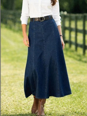 Vellichor Kadın Yüksek Bel Denim Uzun Etek- Mavi